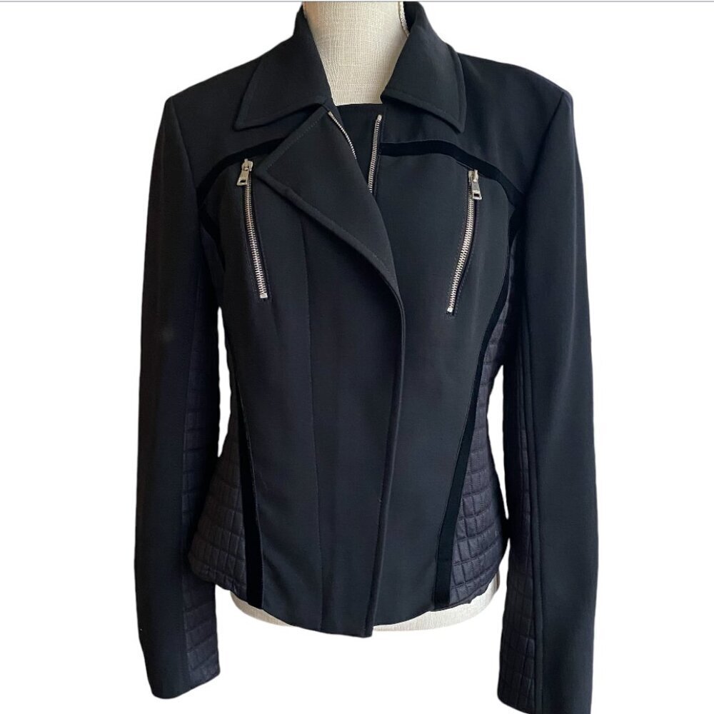 Marc Cain Black Blazer. Zippers & Velvet piping, gently quilted side panels.